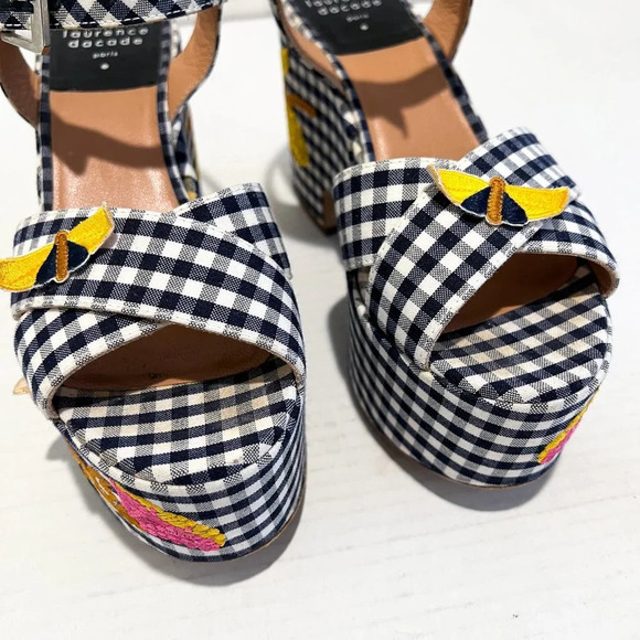 Laurence Dacade Helissa Navy Gingham Floral Embroidered Preppy Wedge Heels 39 - Picture 7 of 10